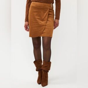 ESQUALO Straight / Pencil Faux Suedine Overlap Skirt in Rich Gold Tan